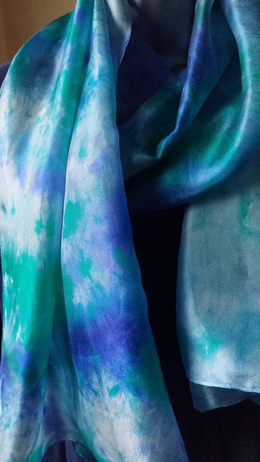 Turquoise and Blue hand-painted silk scarf by Faye Waddington — view 1