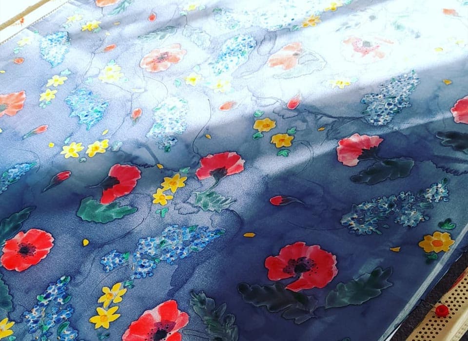 Hand-painted floral silk artwork