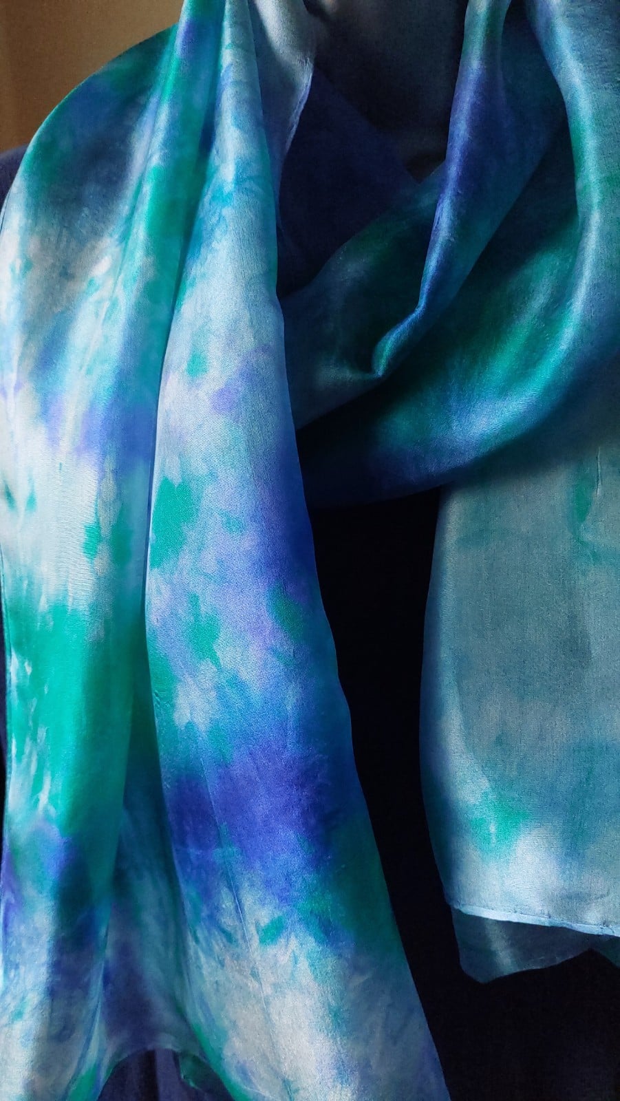 Turquoise and Blue hand-painted silk scarf by Faye Waddington — view 1